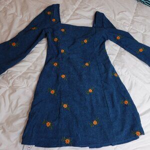 Cider Mini Dress M Blue Corduroy Floral Embroidered Long Sleeve Fall Boho NEW